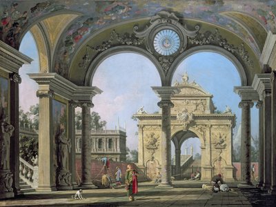 Capricho de un arco triunfal visto a través de un arco ornamentado, c.1750 de Giovanni Antonio Canal